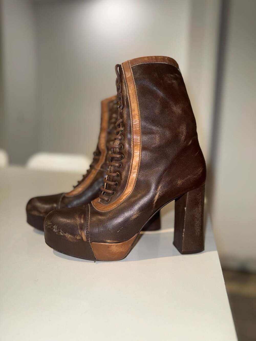 Jeffrey Campbell Brown Leather Tall Lace-Up Platform Boots Size 40 - Picture 3 of 8